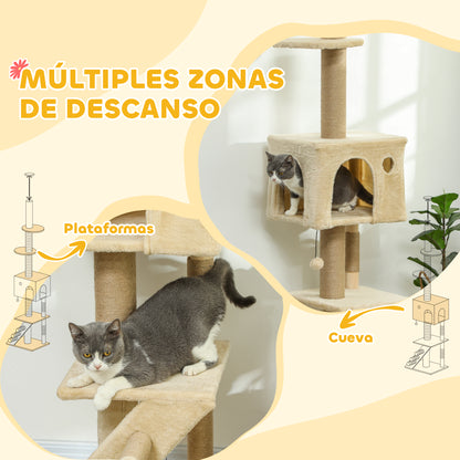 Floor to Ceiling Cat Tree 225-265 cm Adjustable Height Scratching Post Cat Tree with Multiple Platforms Ladder Hanging Ball Beige