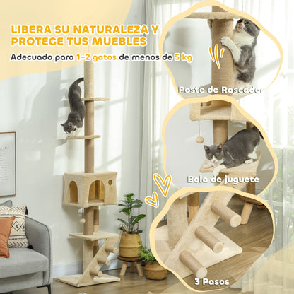 Floor to Ceiling Cat Tree 225-265 cm Adjustable Height Scratching Post Cat Tree with Multiple Platforms Ladder Hanging Ball Beige
