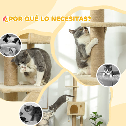 Floor to Ceiling Cat Tree 225-265 cm Adjustable Height Scratching Post Cat Tree with Multiple Platforms Ladder Hanging Ball Beige