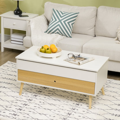 Rectangular Lift-Top Coffee Table Living Room Table with 1 Drawer and Storage in Wood dim. 100L x 50W x 49H cm White