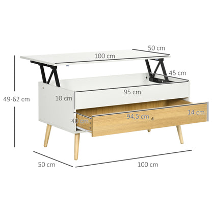 Rectangular Lift-Top Coffee Table Living Room Table with 1 Drawer and Storage in Wood dim. 100L x 50W x 49H cm White