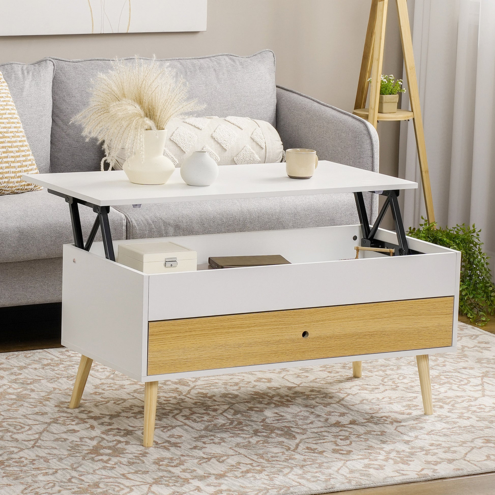 Rectangular Lift-Top Coffee Table Living Room Table with 1 Drawer and Storage in Wood dim. 100L x 50W x 49H cm White