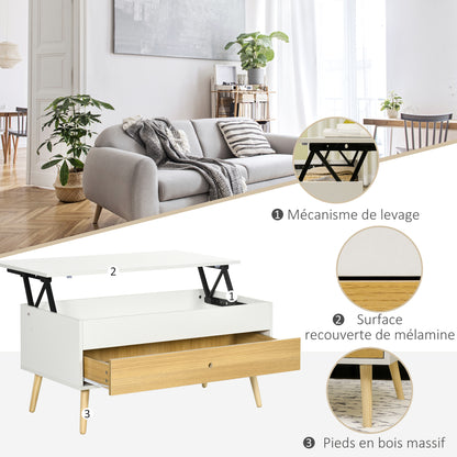 Rectangular Lift-Top Coffee Table Living Room Table with 1 Drawer and Storage in Wood dim. 100L x 50W x 49H cm White