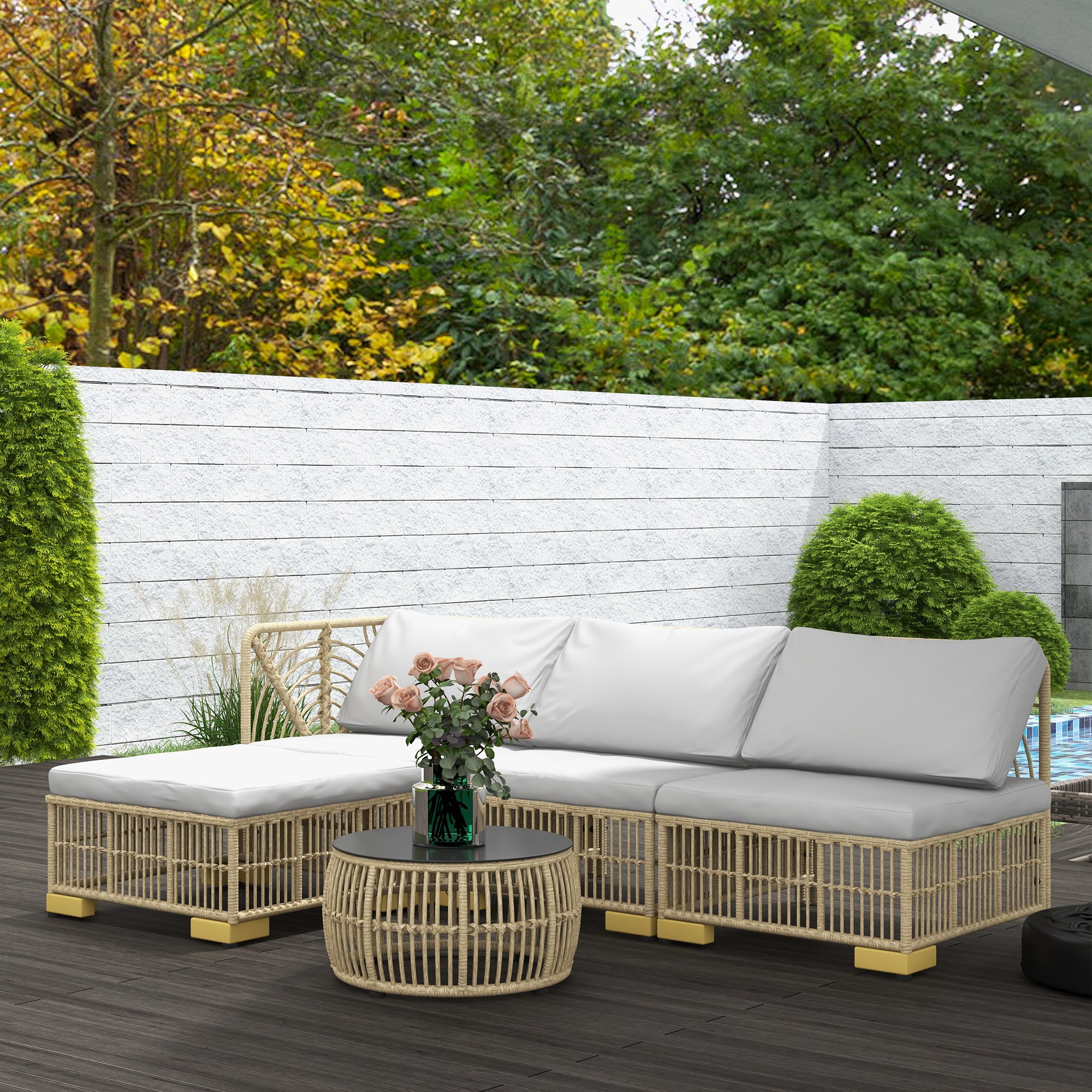 Rattan Garden Furniture Set, 5-piece Balcony Furniture Set Seating Set with Cushions, Garden Set with Corner Sofa, Footstool, Coffee Table, Patio Furniture Set, Steel, Light Gray