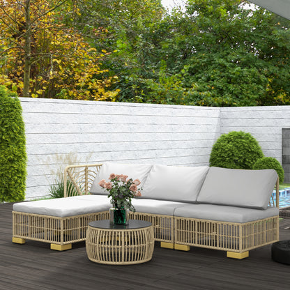 Rattan Garden Furniture Set, 5-piece Balcony Furniture Set Seating Set with Cushions, Garden Set with Corner Sofa, Footstool, Coffee Table, Patio Furniture Set, Steel, Light Gray