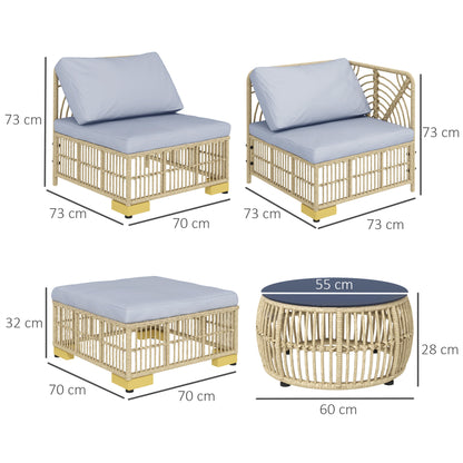 Rattan Garden Furniture Set, 5-piece Balcony Furniture Set Seating Set with Cushions, Garden Set with Corner Sofa, Footstool, Coffee Table, Patio Furniture Set, Steel, Light Gray
