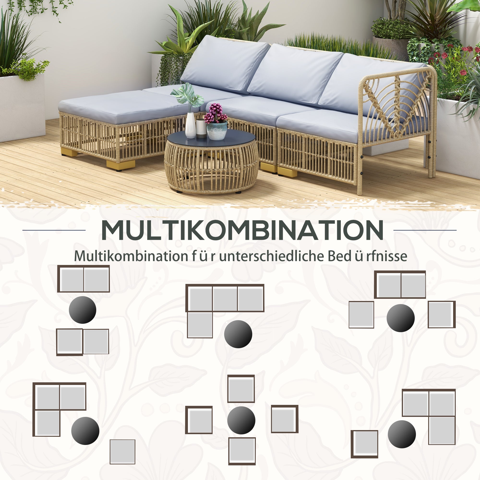 Rattan Garden Furniture Set, 5-piece Balcony Furniture Set Seating Set with Cushions, Garden Set with Corner Sofa, Footstool, Coffee Table, Patio Furniture Set, Steel, Light Gray