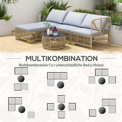 Rattan Garden Furniture Set, 5-piece Balcony Furniture Set Seating Set with Cushions, Garden Set with Corner Sofa, Footstool, Coffee Table, Patio Furniture Set, Steel, Light Gray
