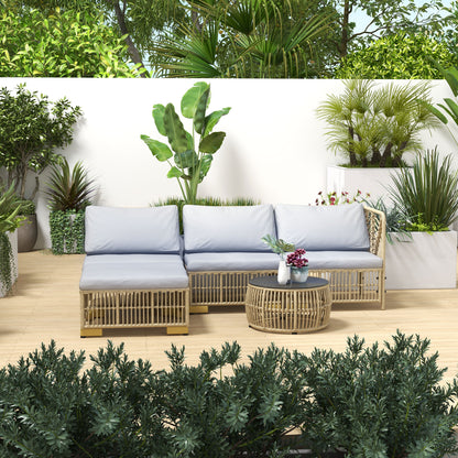 Rattan Garden Furniture Set, 5-piece Balcony Furniture Set Seating Set with Cushions, Garden Set with Corner Sofa, Footstool, Coffee Table, Patio Furniture Set, Steel, Light Gray