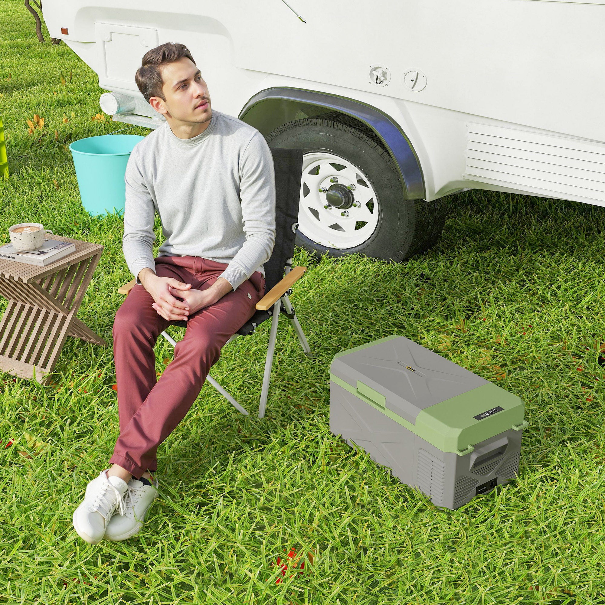 16.3 Liter Compressor Cooler electric Cooler with ECO Mode Cooling Function Freezer Box Thermobox Mini Fridge 12/220 Volts for Car Socket Truck Camping Boat Gray+Green
