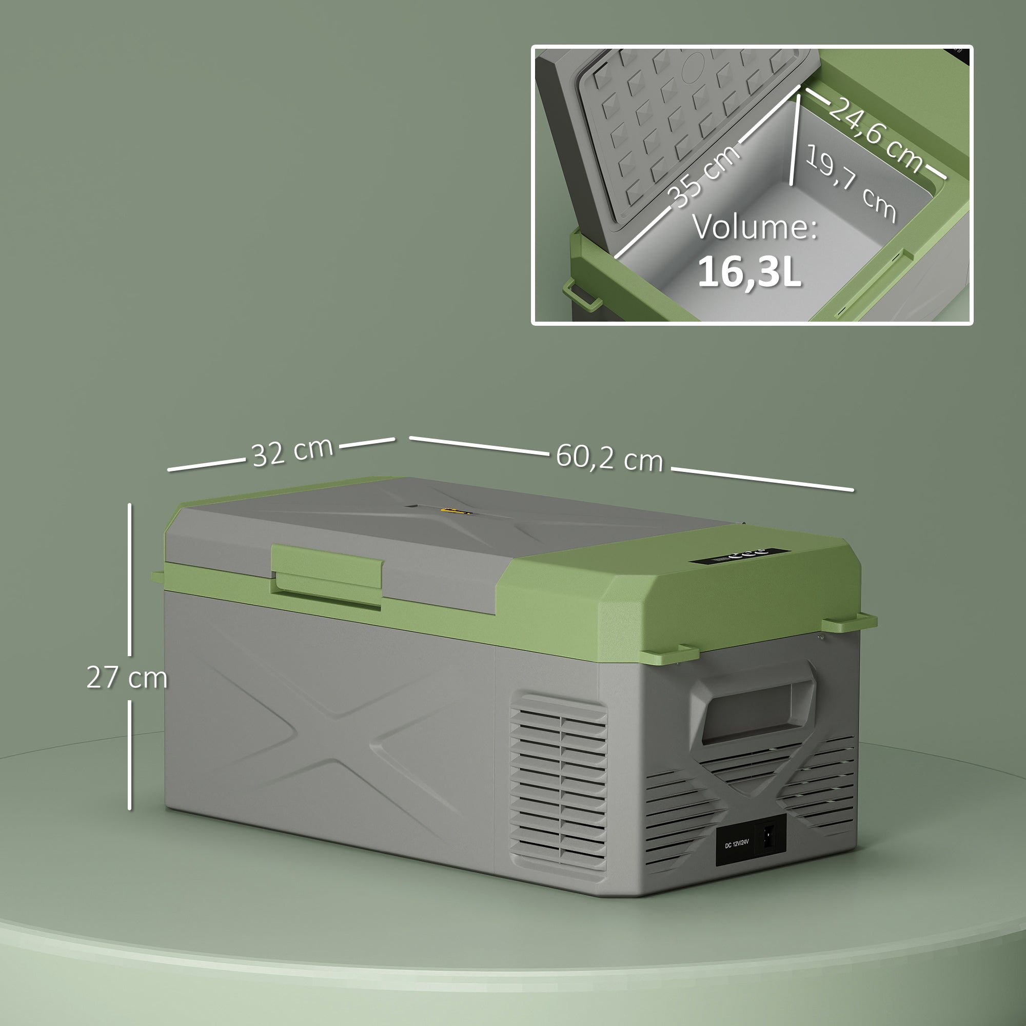 16.3 Liter Compressor Cooler electric Cooler with ECO Mode Cooling Function Freezer Box Thermobox Mini Fridge 12/220 Volts for Car Socket Truck Camping Boat Gray+Green