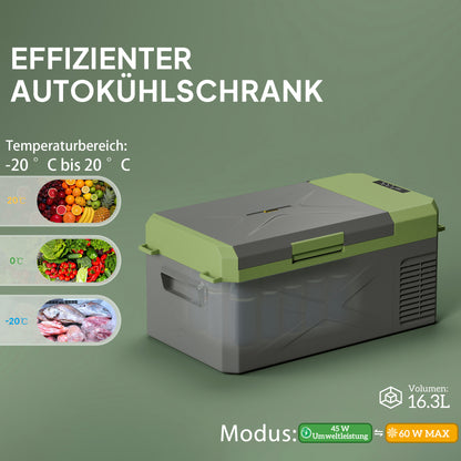16.3 Liter Compressor Cooler electric Cooler with ECO Mode Cooling Function Freezer Box Thermobox Mini Fridge 12/220 Volts for Car Socket Truck Camping Boat Gray+Green