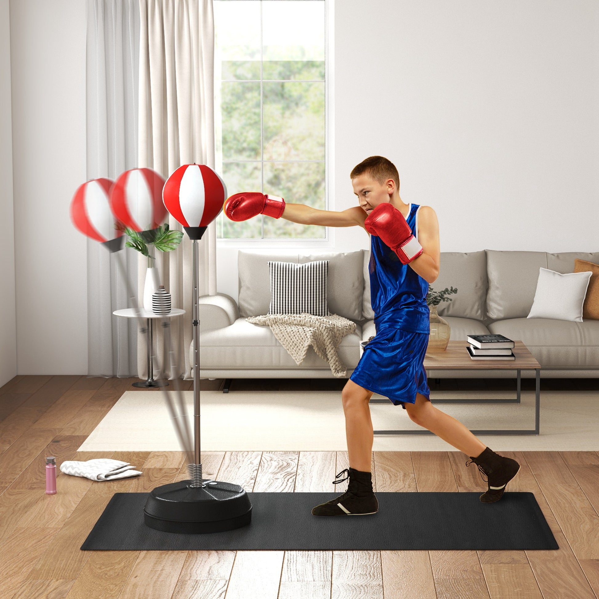 Adjustable Height Punching Bag on Stand with Gloves, Pump, and Weighted Base for Kids and Beginners - Red