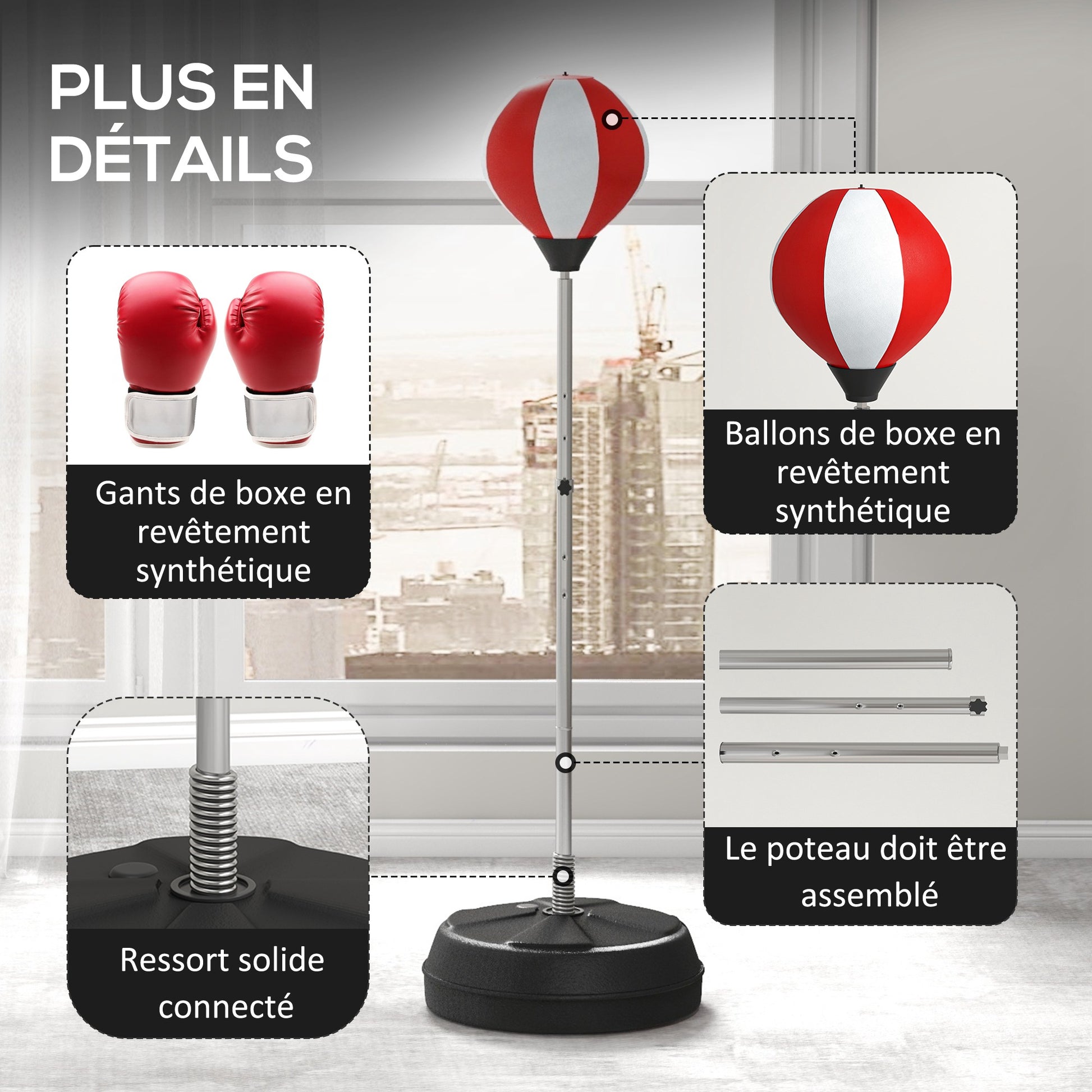 Adjustable Height Punching Bag on Stand with Gloves, Pump, and Weighted Base for Kids and Beginners - Red