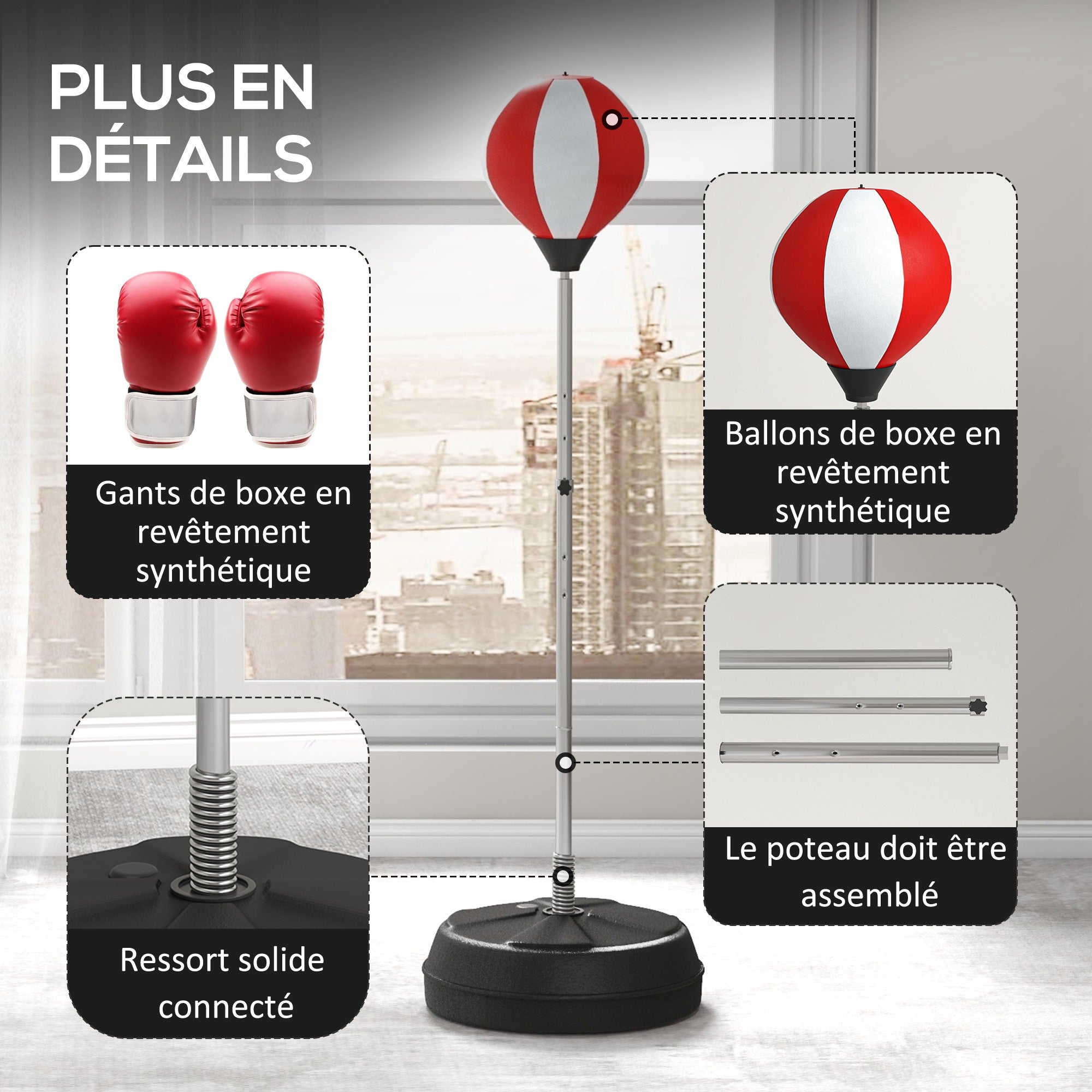 Adjustable Height Punching Bag on Stand with Gloves, Pump, and Weighted Base for Kids and Beginners - Red