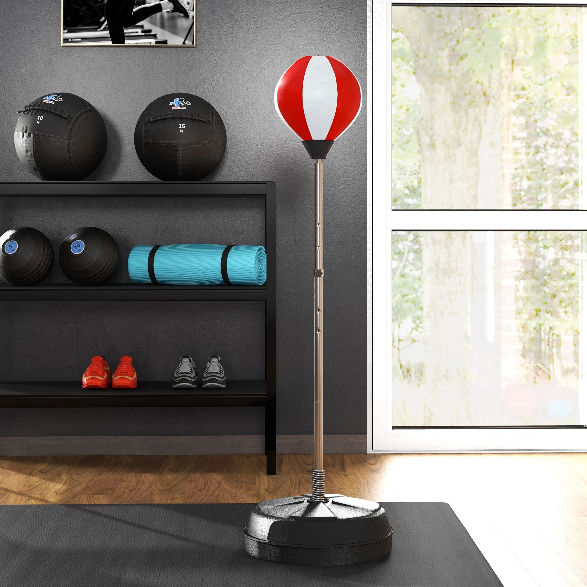 Adjustable Height Punching Bag on Stand with Gloves, Pump, and Weighted Base for Kids and Beginners - Red