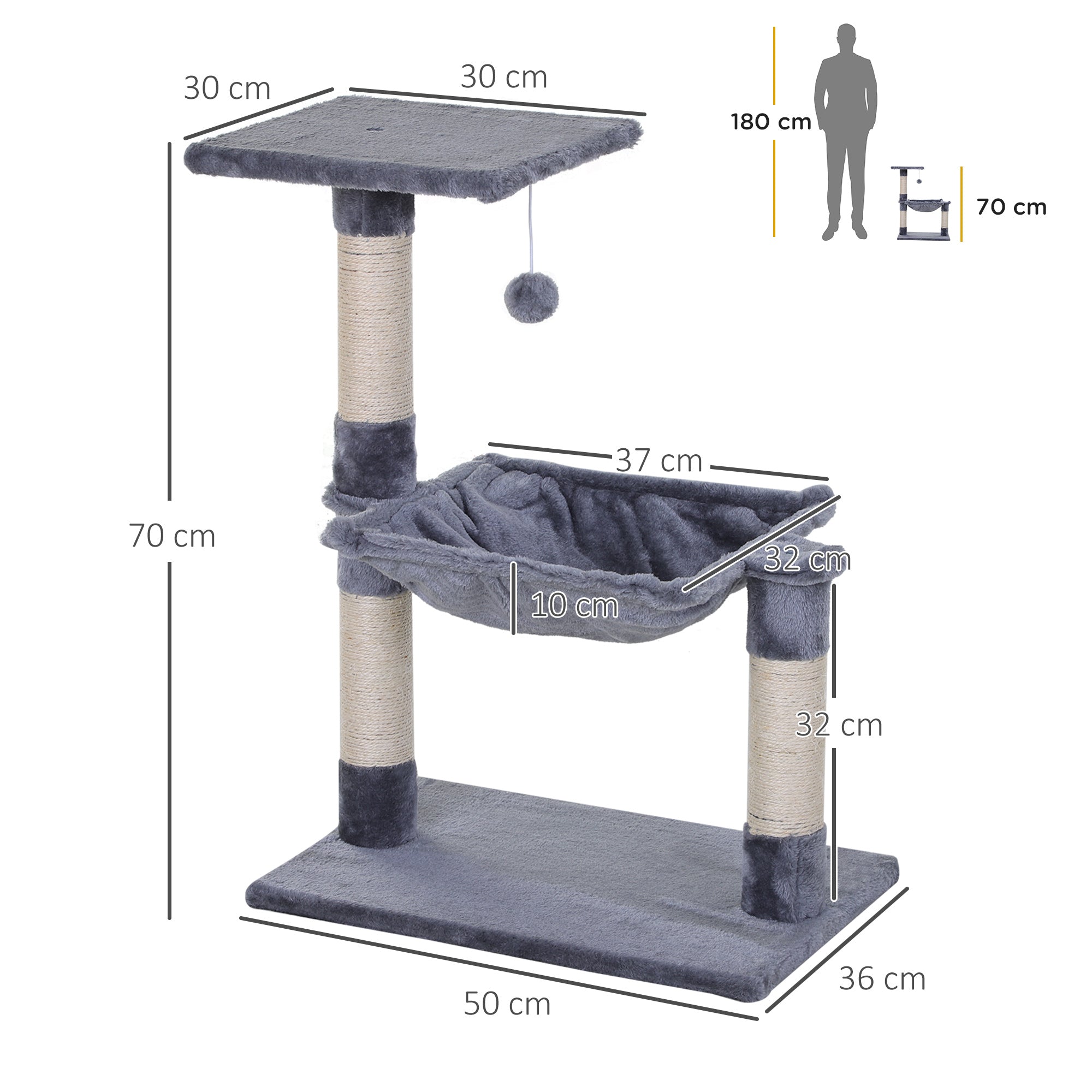 Climbing Tree Cat Scratching Post with Sisal Column Plush Hammock Chipboard Grey 50 x 36 x 70 cm