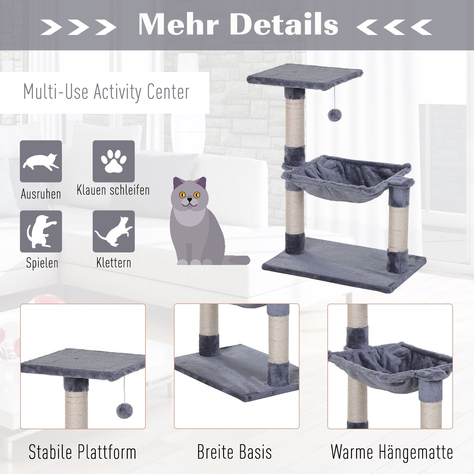 Climbing Tree Cat Scratching Post with Sisal Column Plush Hammock Chipboard Grey 50 x 36 x 70 cm