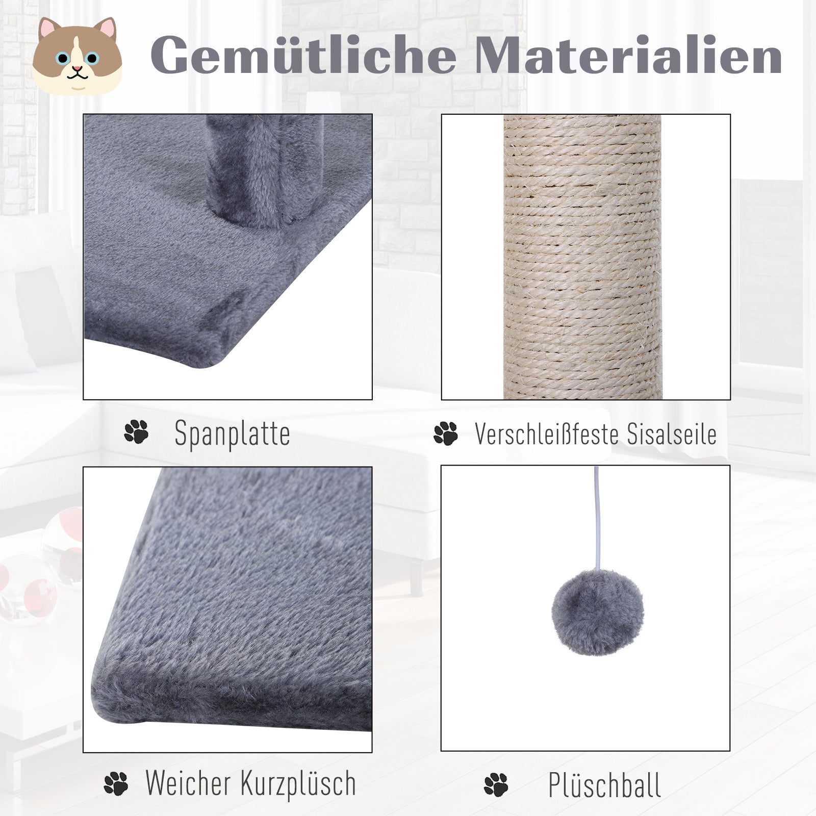 Climbing Tree Cat Scratching Post with Sisal Column Plush Hammock Chipboard Grey 50 x 36 x 70 cm