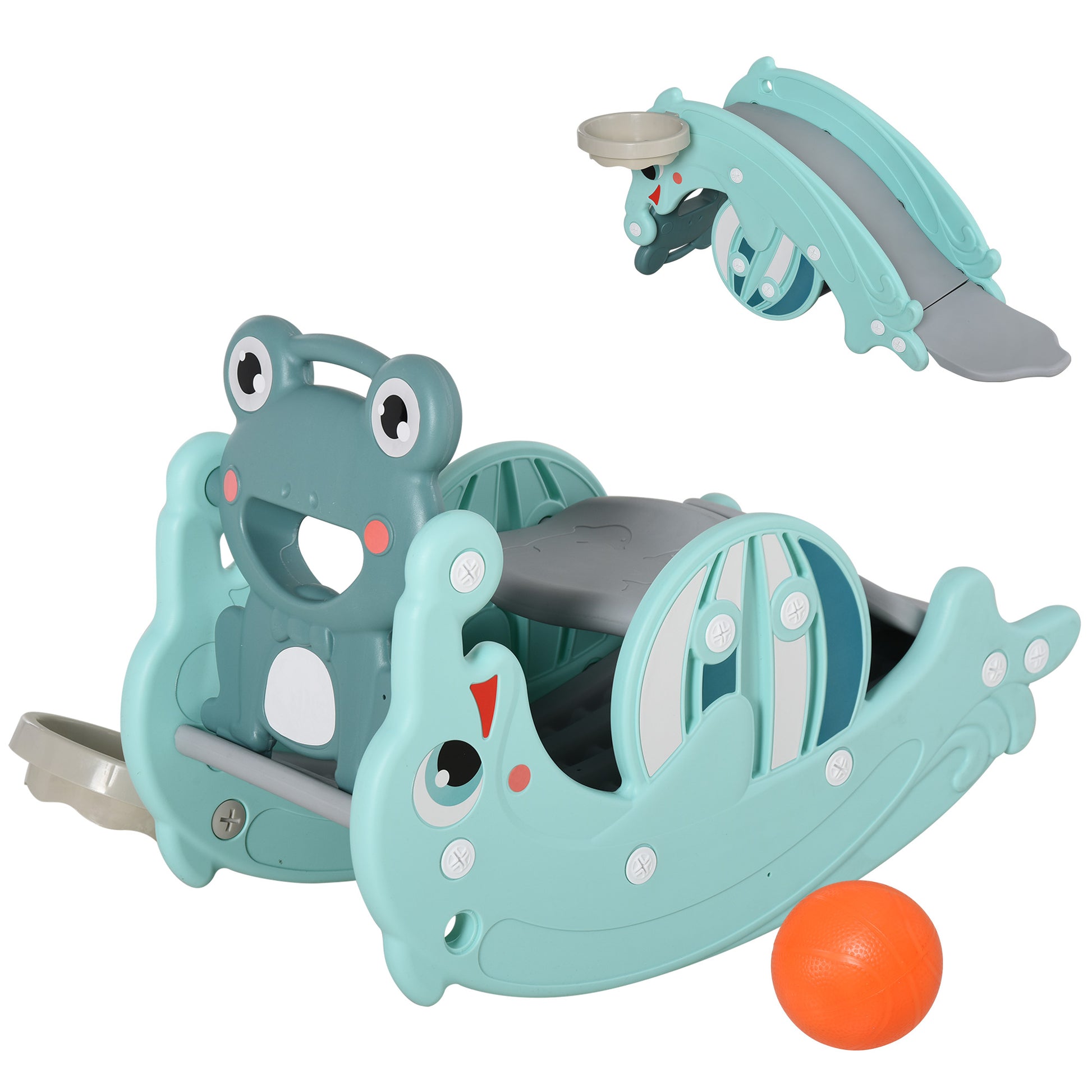 3 in 1 Kids Rocking Horse with Slide Basketball Hoop Multifunctional Play Set with Soft Surfaces 18-36 Months Frog Dolphin Shape 72x34x47 cm Green
