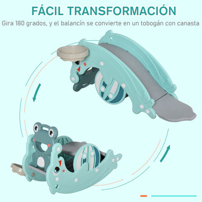 3 in 1 Kids Rocking Horse with Slide Basketball Hoop Multifunctional Play Set with Soft Surfaces 18-36 Months Frog Dolphin Shape 72x34x47 cm Green