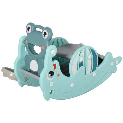 3 in 1 Kids Rocking Horse with Slide Basketball Hoop Multifunctional Play Set with Soft Surfaces 18-36 Months Frog Dolphin Shape 72x34x47 cm Green