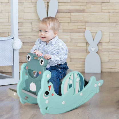 3 in 1 Kids Rocking Horse with Slide Basketball Hoop Multifunctional Play Set with Soft Surfaces 18-36 Months Frog Dolphin Shape 72x34x47 cm Green