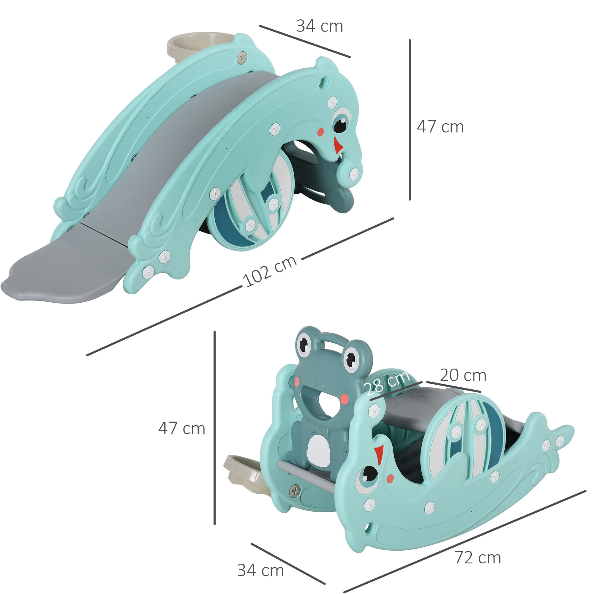3 in 1 Kids Rocking Horse with Slide Basketball Hoop Multifunctional Play Set with Soft Surfaces 18-36 Months Frog Dolphin Shape 72x34x47 cm Green