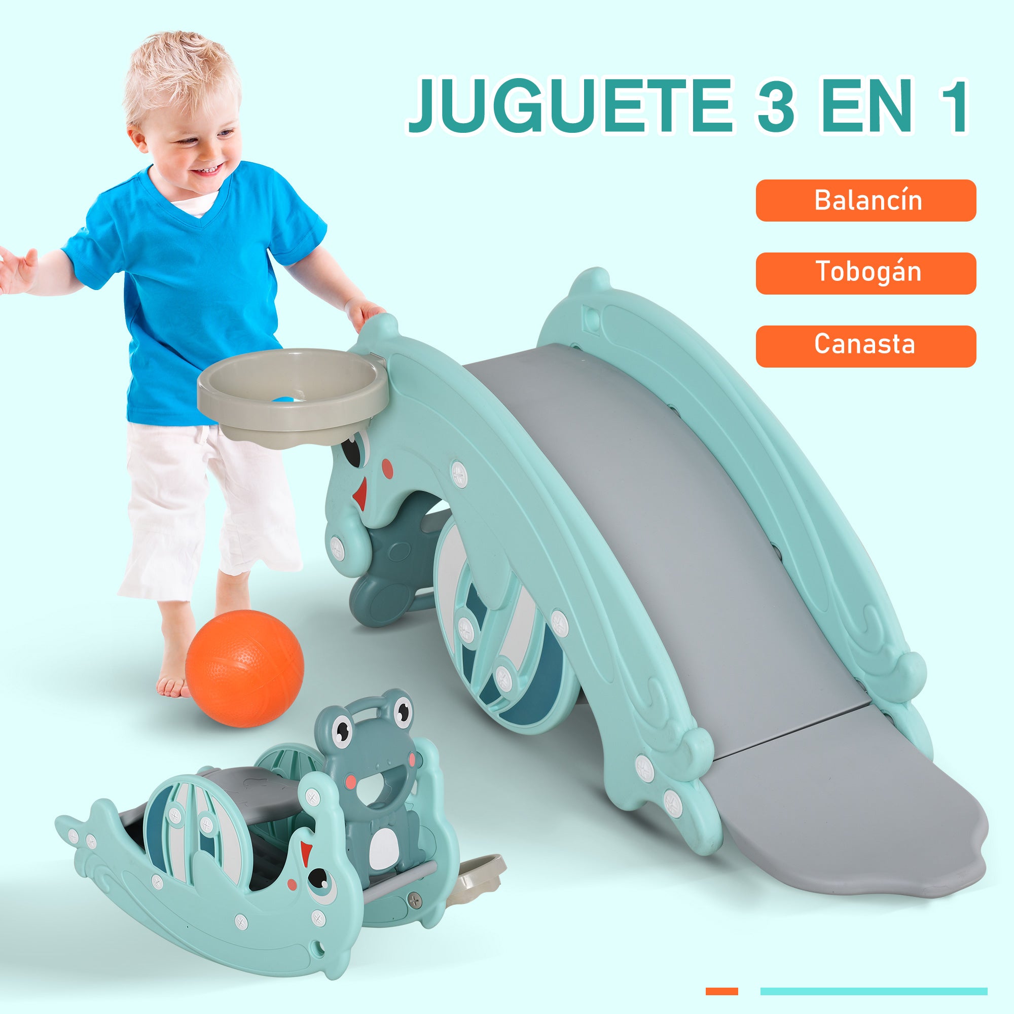 3 in 1 Kids Rocking Horse with Slide Basketball Hoop Multifunctional Play Set with Soft Surfaces 18-36 Months Frog Dolphin Shape 72x34x47 cm Green