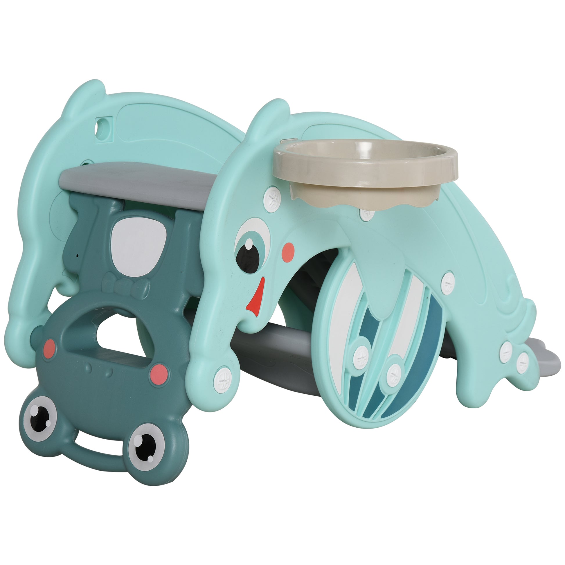 3 in 1 Kids Rocking Horse with Slide Basketball Hoop Multifunctional Play Set with Soft Surfaces 18-36 Months Frog Dolphin Shape 72x34x47 cm Green