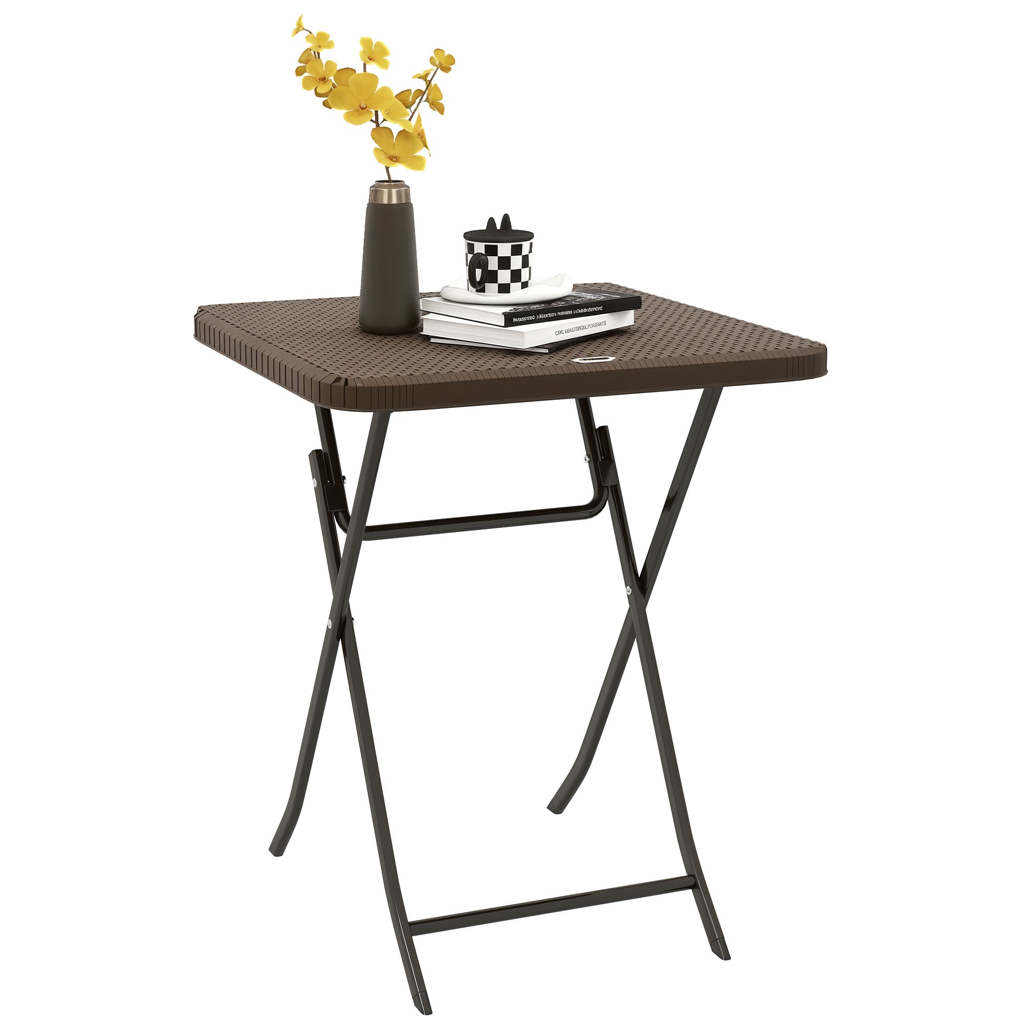 Folding Outdoor Garden Table Cozy Chic Style 60L x 60W x 71H cm Epoxy Metal Rattan HDPE Brown