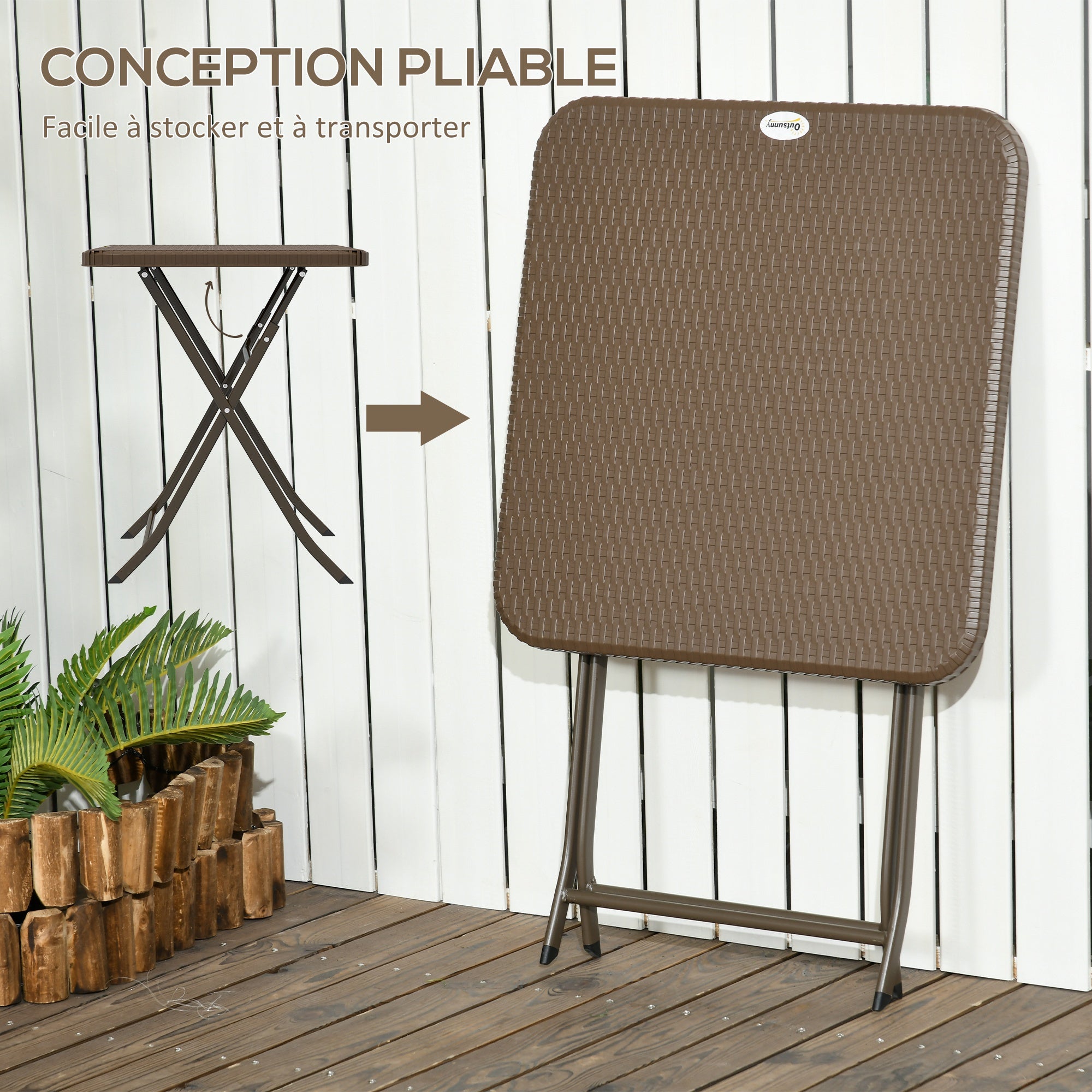 Folding Outdoor Garden Table Cozy Chic Style 60L x 60W x 71H cm Epoxy Metal Rattan HDPE Brown