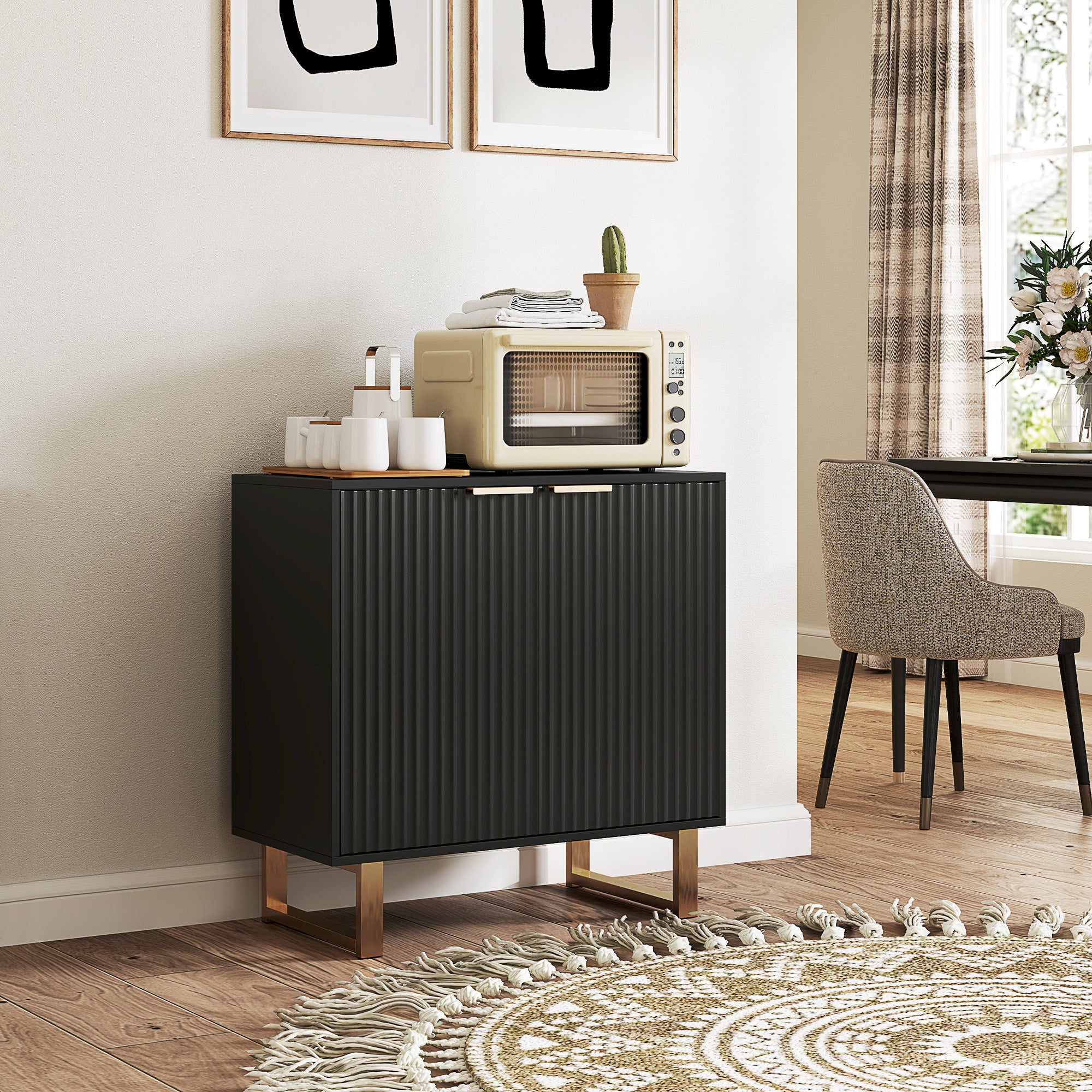 Modern Style Buffet Storage Cabinet with 2 Fluted Doors, Adjustable Shelf, Metal Legs - Dining Room, Kitchen, and Living Room Buffet, dim. 76.5 x 39 x 77 cm, black