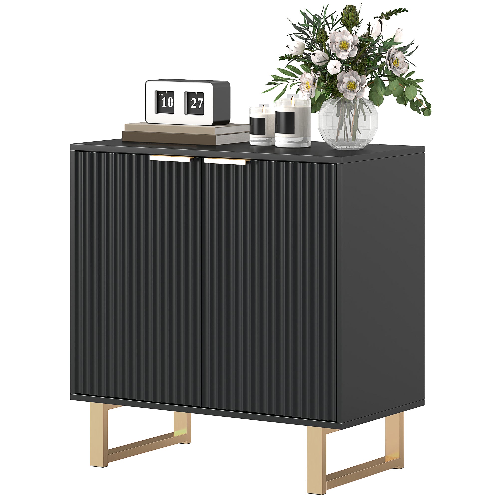 Modern Style Buffet Storage Cabinet with 2 Fluted Doors, Adjustable Shelf, Metal Legs - Dining Room, Kitchen, and Living Room Buffet, dim. 76.5 x 39 x 77 cm, black