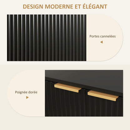 Modern Style Buffet Storage Cabinet with 2 Fluted Doors, Adjustable Shelf, Metal Legs - Dining Room, Kitchen, and Living Room Buffet, dim. 76.5 x 39 x 77 cm, black