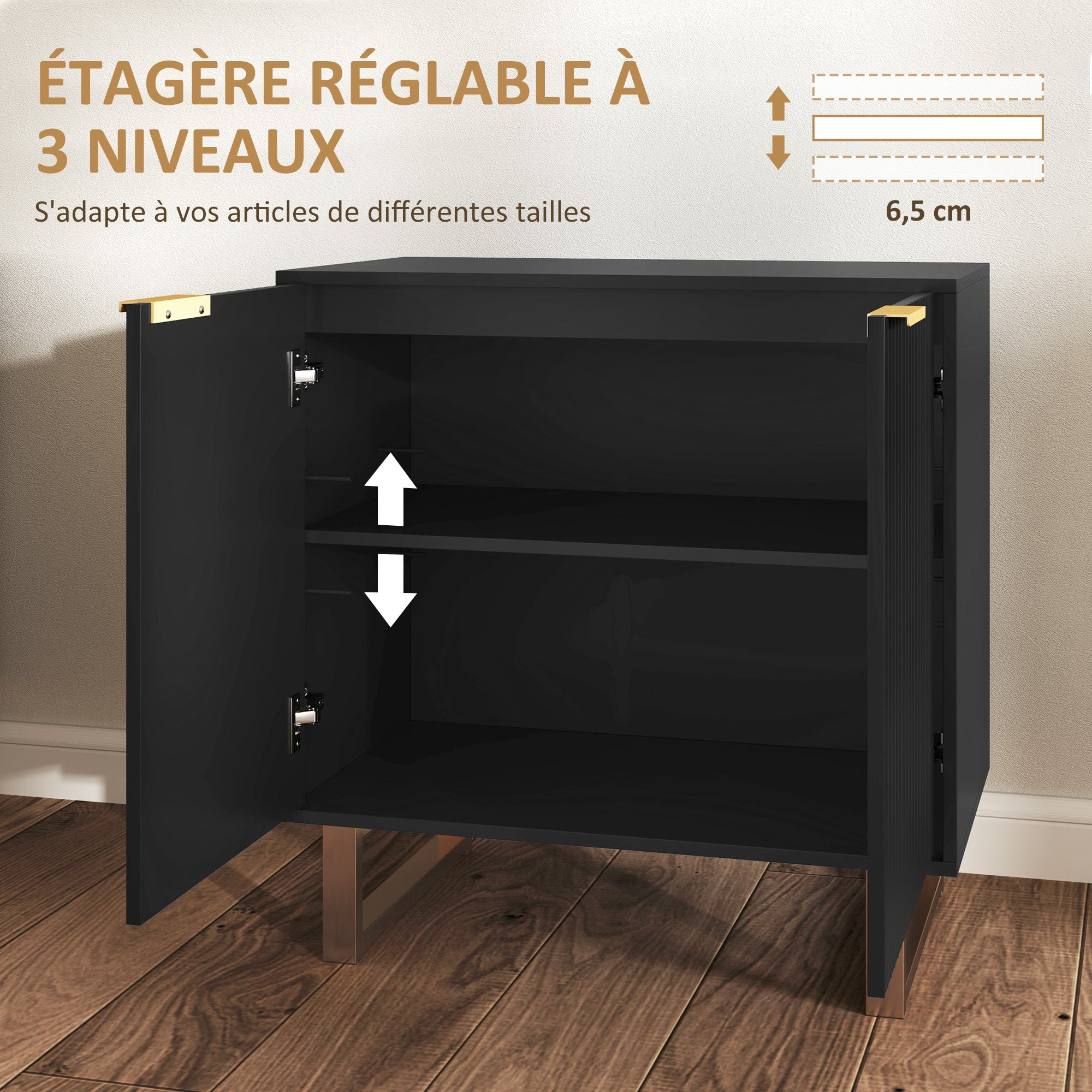 Modern Style Buffet Storage Cabinet with 2 Fluted Doors, Adjustable Shelf, Metal Legs - Dining Room, Kitchen, and Living Room Buffet, dim. 76.5 x 39 x 77 cm, black