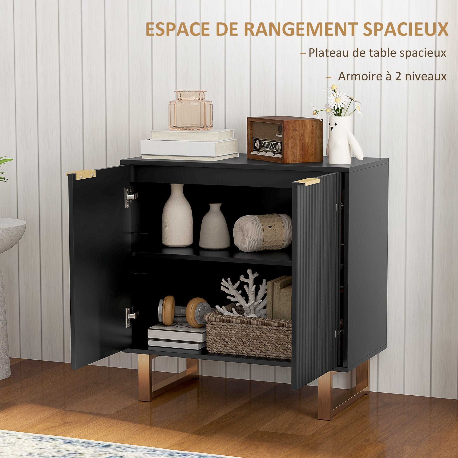 Modern Style Buffet Storage Cabinet with 2 Fluted Doors, Adjustable Shelf, Metal Legs - Dining Room, Kitchen, and Living Room Buffet, dim. 76.5 x 39 x 77 cm, black