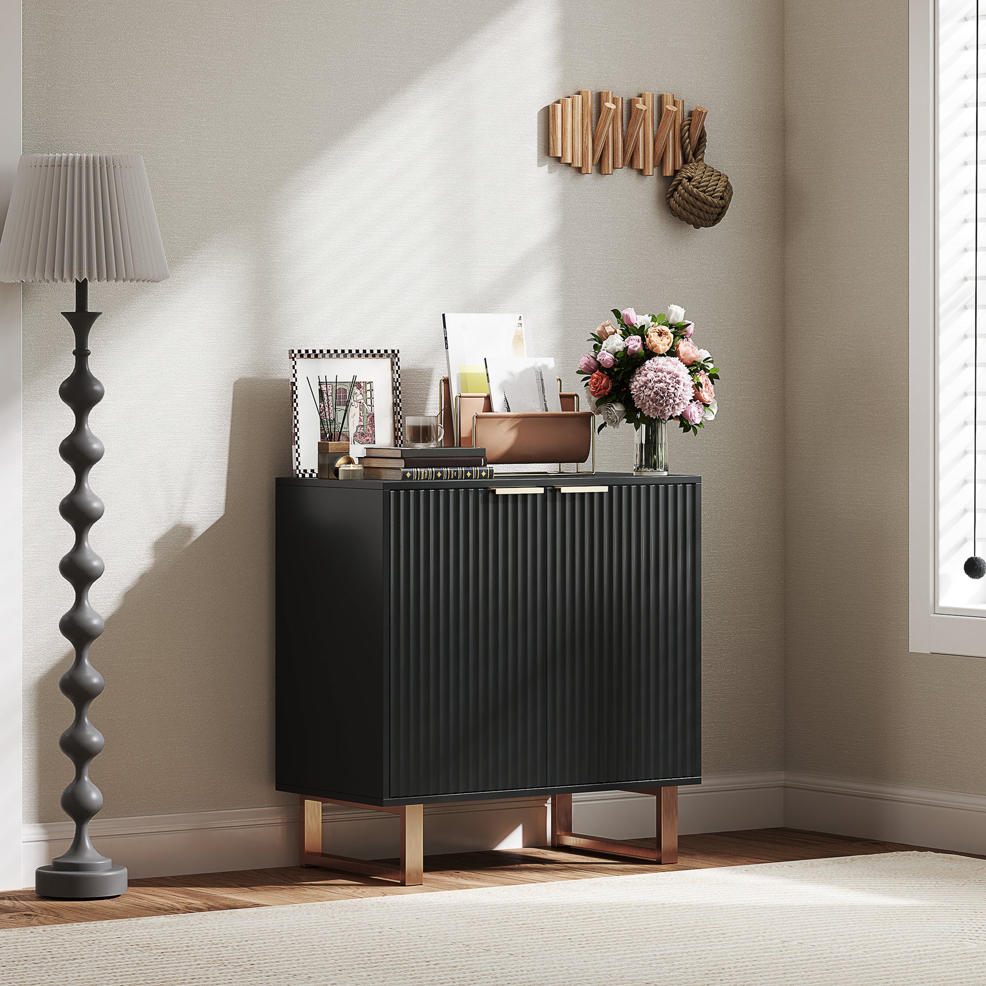 Modern Style Buffet Storage Cabinet with 2 Fluted Doors, Adjustable Shelf, Metal Legs - Dining Room, Kitchen, and Living Room Buffet, dim. 76.5 x 39 x 77 cm, black