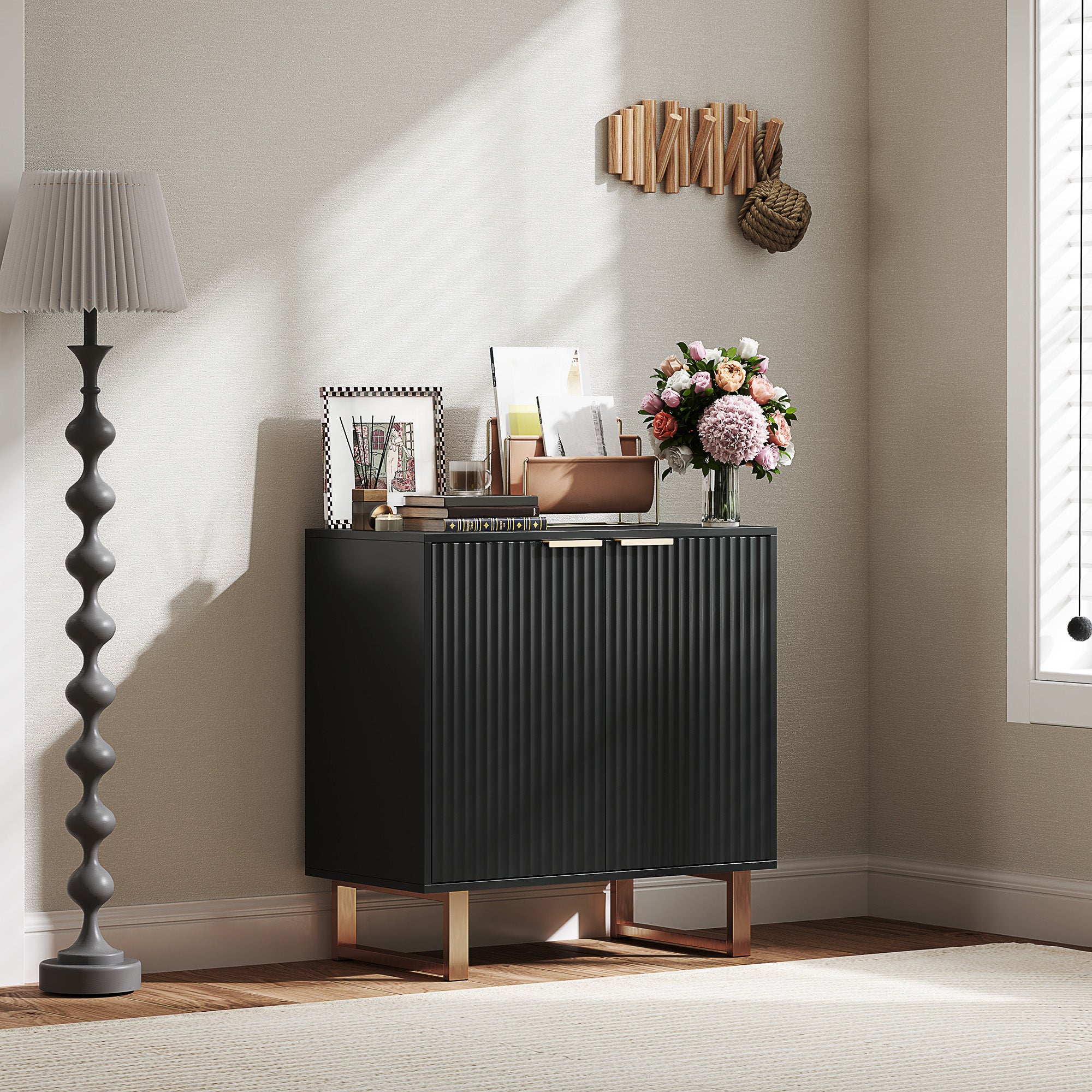 Modern Style Buffet Storage Cabinet with 2 Fluted Doors, Adjustable Shelf, Metal Legs - Dining Room, Kitchen, and Living Room Buffet, dim. 76.5 x 39 x 77 cm, black