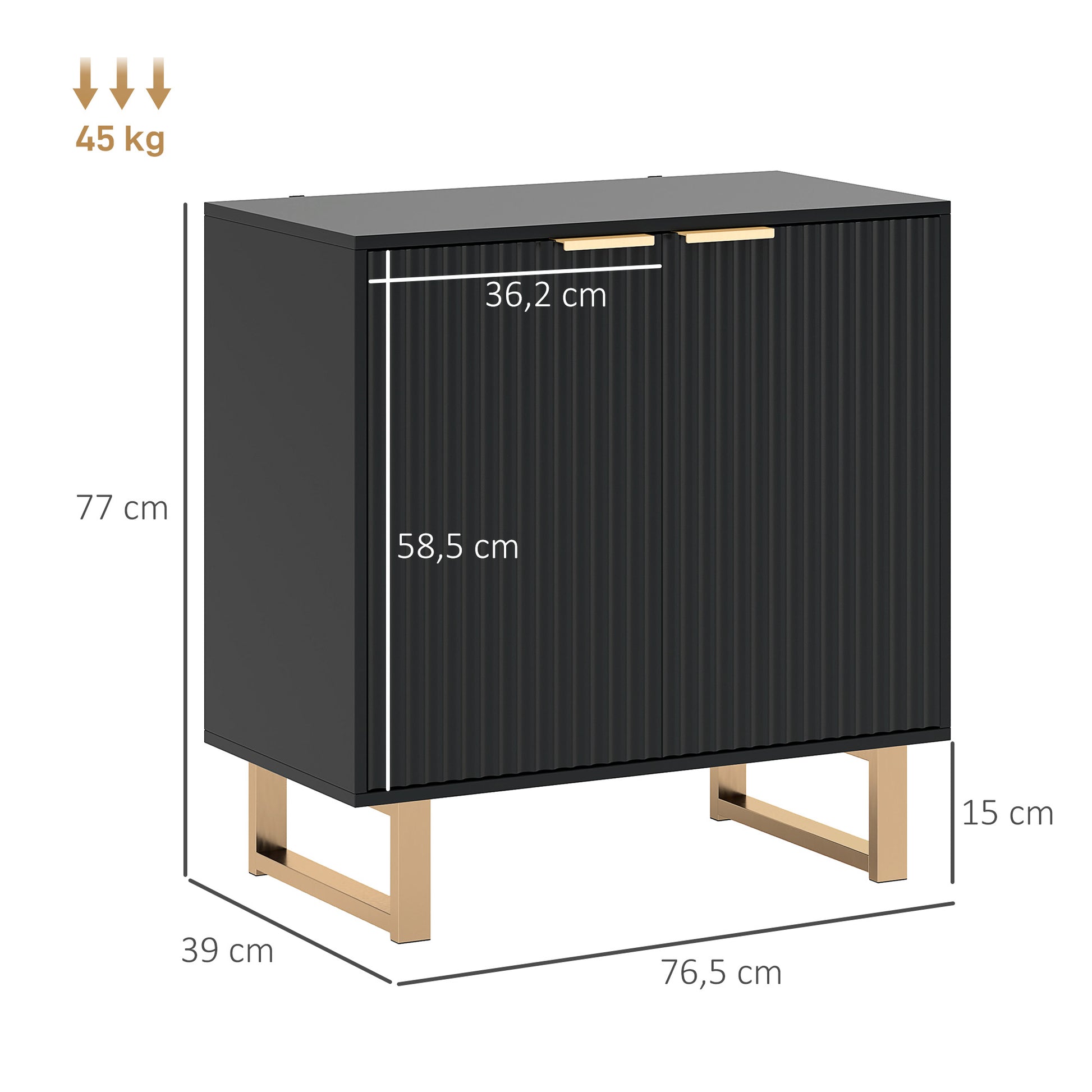 Modern Style Buffet Storage Cabinet with 2 Fluted Doors, Adjustable Shelf, Metal Legs - Dining Room, Kitchen, and Living Room Buffet, dim. 76.5 x 39 x 77 cm, black