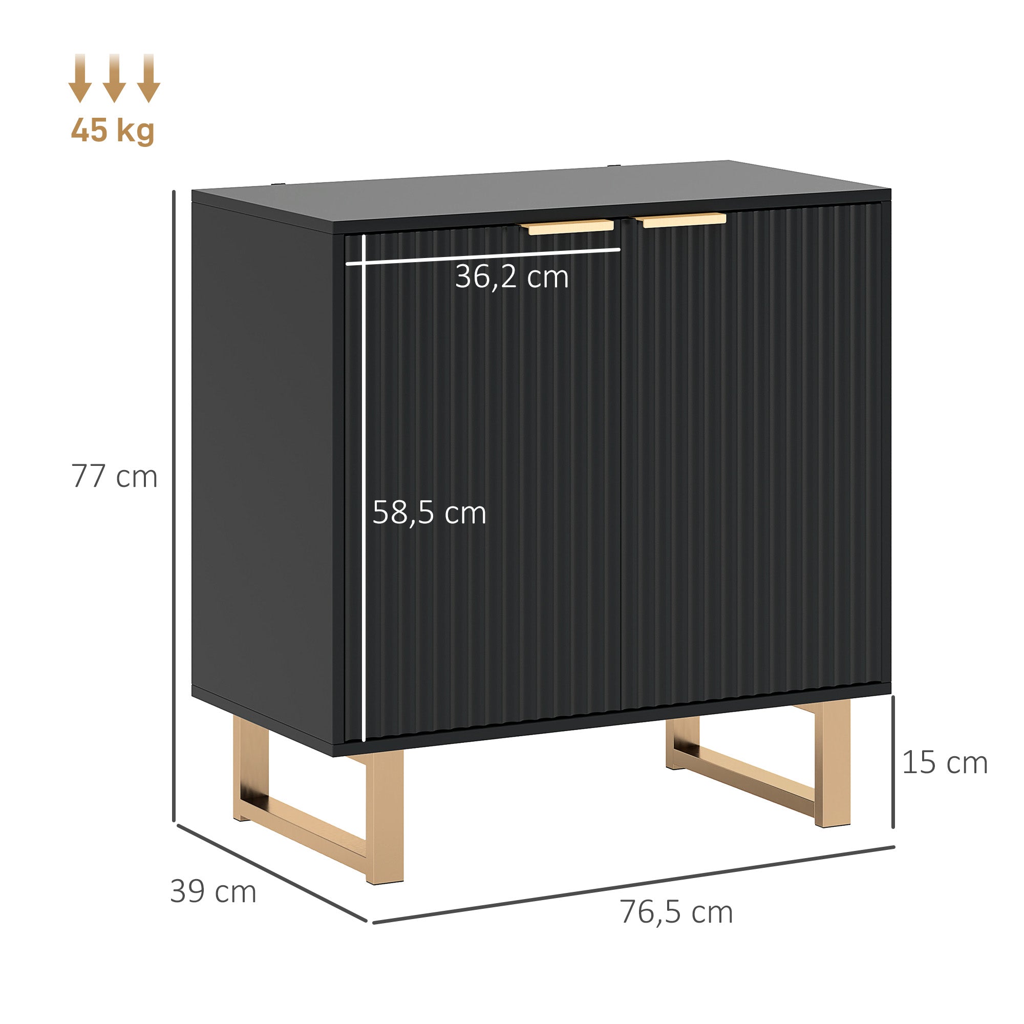 Modern Style Buffet Storage Cabinet with 2 Fluted Doors, Adjustable Shelf, Metal Legs - Dining Room, Kitchen, and Living Room Buffet, dim. 76.5 x 39 x 77 cm, black