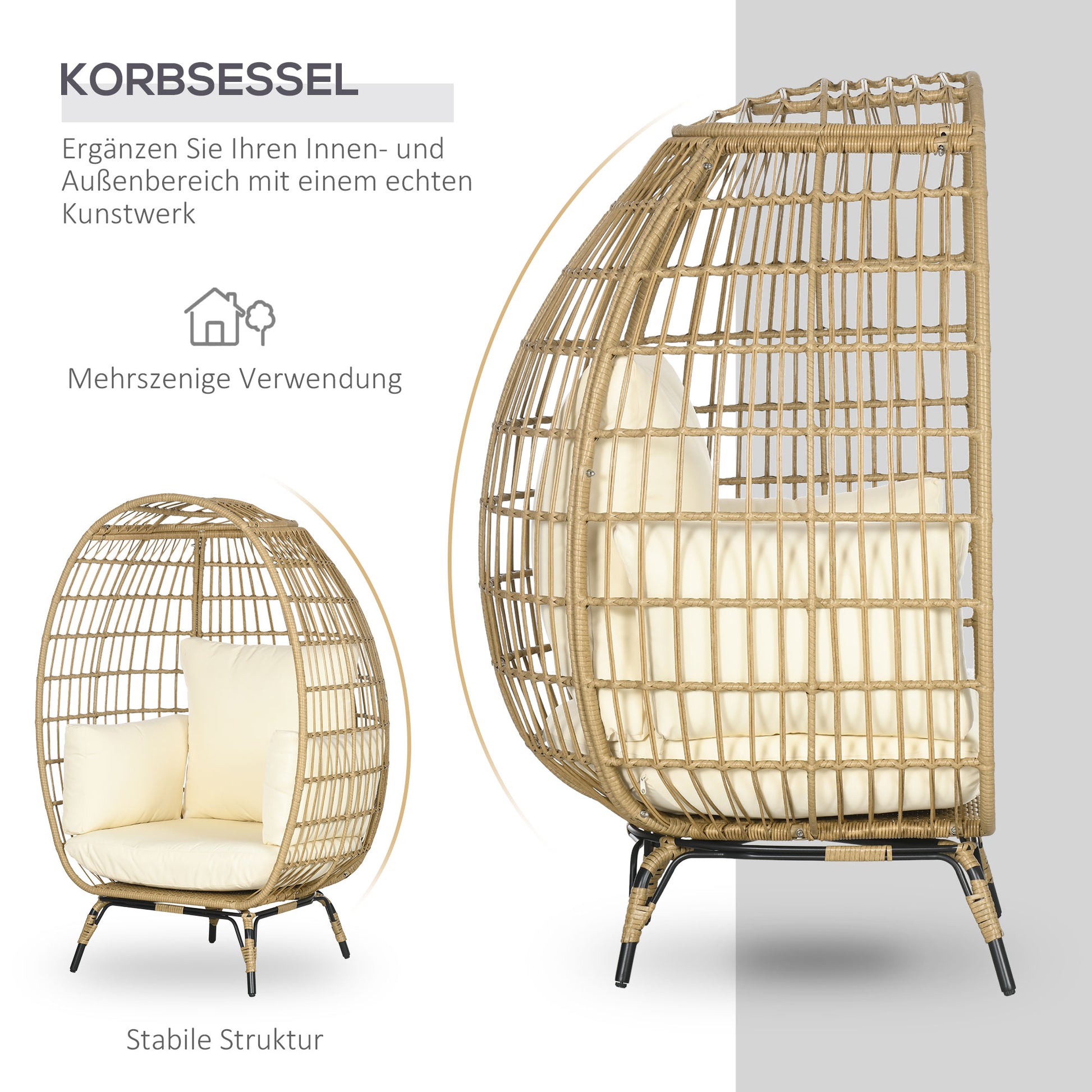 Wicker Chair in Basket Shape, Rattan Chair with Seat Cushion, Elevated Garden Chair for Balcony, Terrace, Metal, Khaki, 105 x 90 x 148 cm