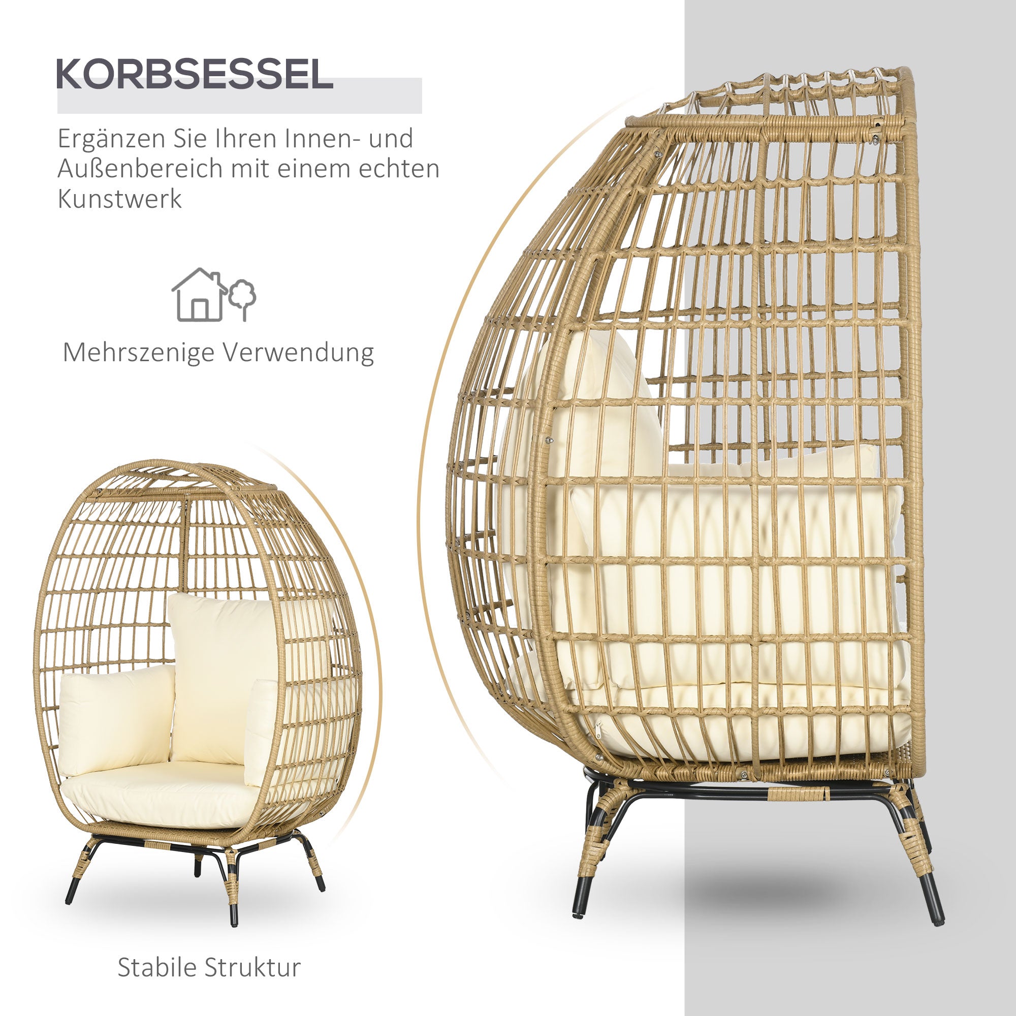 Wicker Chair in Basket Shape, Rattan Chair with Seat Cushion, Elevated Garden Chair for Balcony, Terrace, Metal, Khaki, 105 x 90 x 148 cm