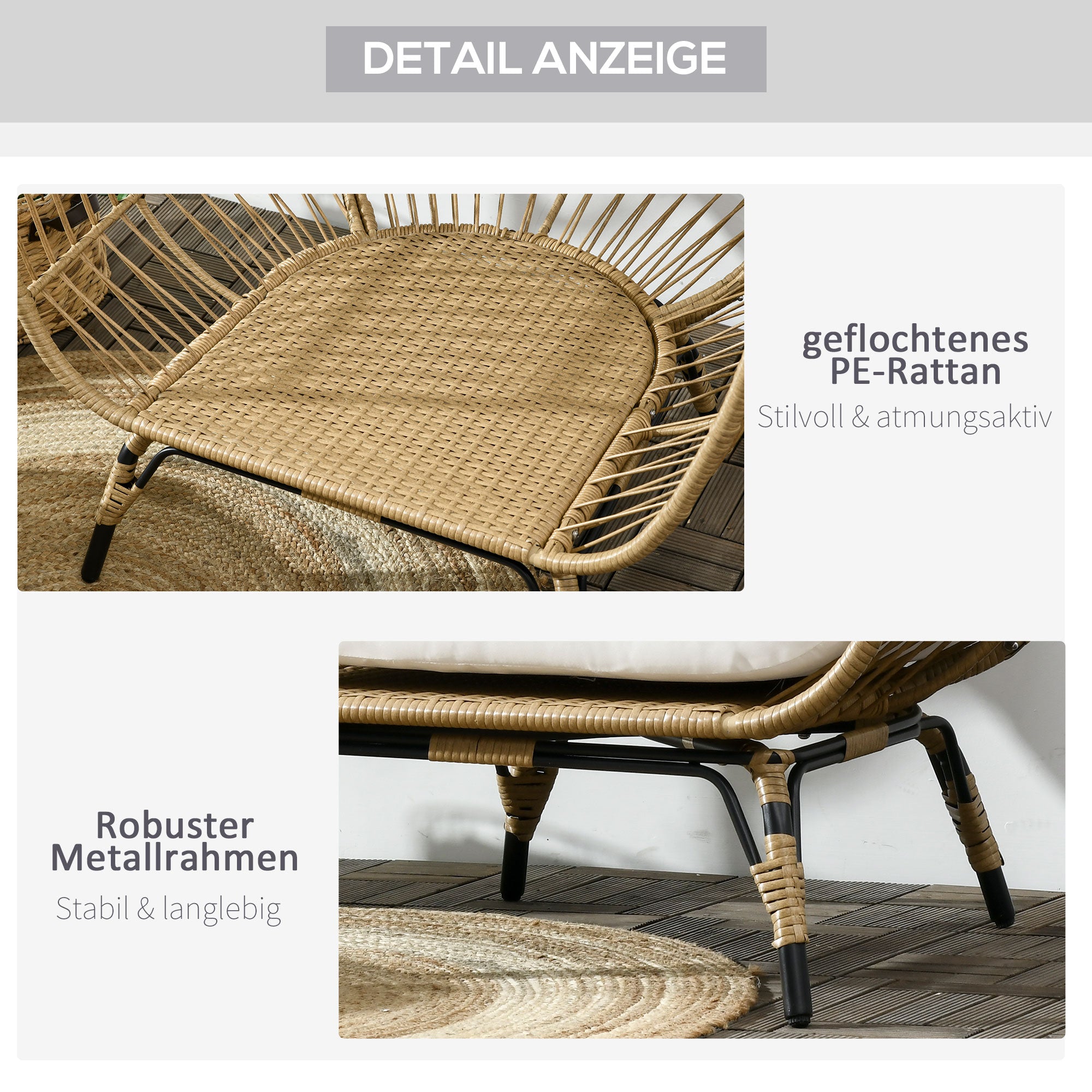 Wicker Chair in Basket Shape, Rattan Chair with Seat Cushion, Elevated Garden Chair for Balcony, Terrace, Metal, Khaki, 105 x 90 x 148 cm