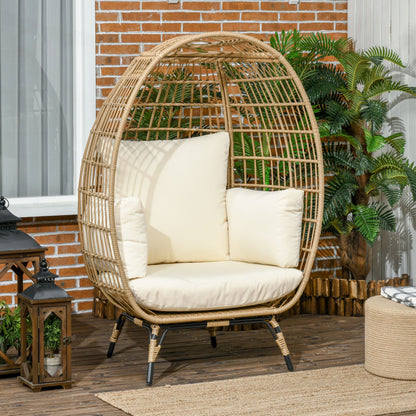 Wicker Chair in Basket Shape, Rattan Chair with Seat Cushion, Elevated Garden Chair for Balcony, Terrace, Metal, Khaki, 105 x 90 x 148 cm
