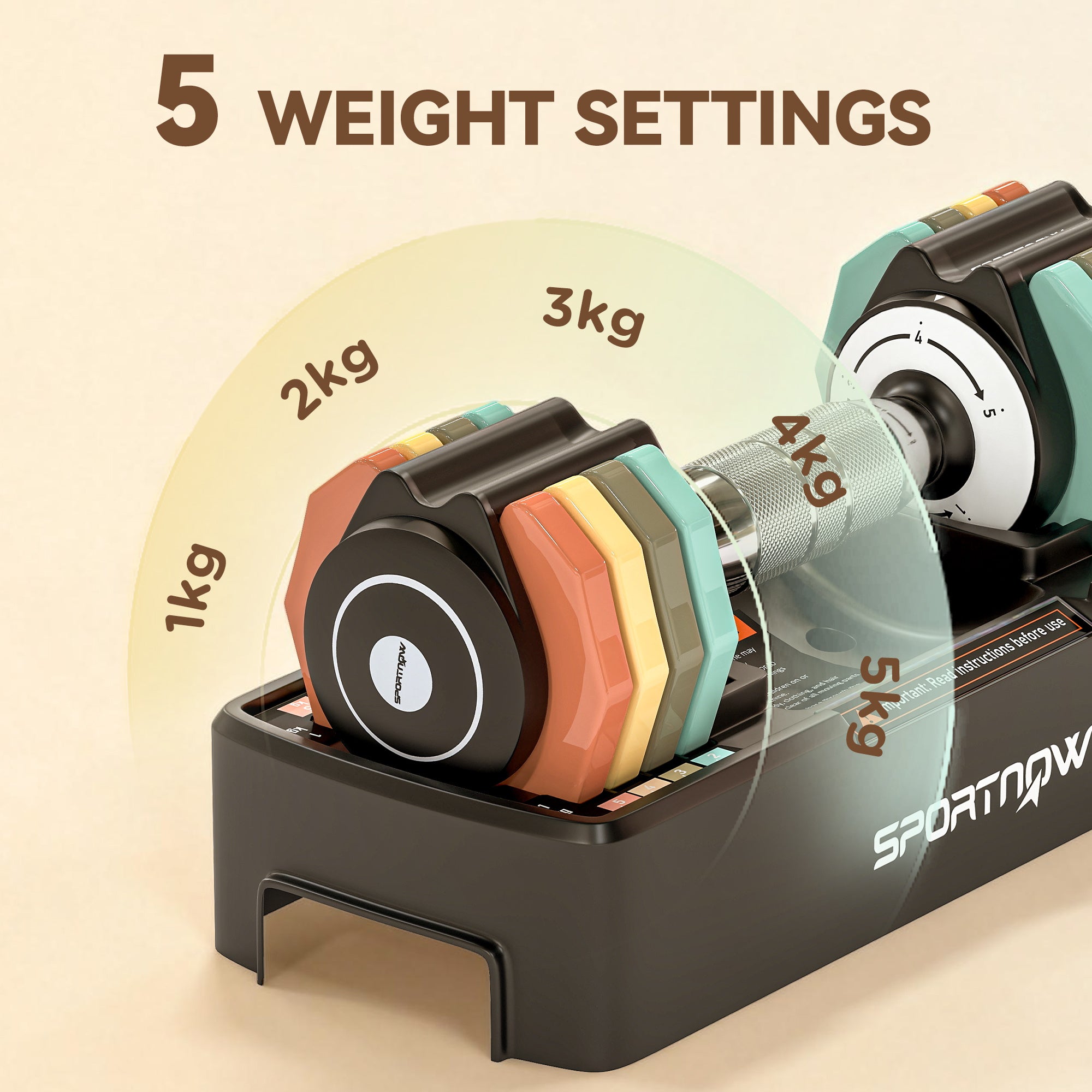 SPORTNOW Adjustable Dumbbell Set 1–5 kg (2.2–11 lb) — Quick-Adjust Tray, Non-Slip Chrome Handle, Space-Saving