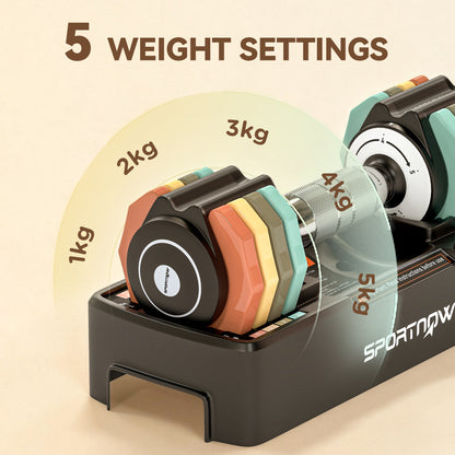 SPORTNOW Adjustable Dumbbell Set 1–5 kg (2.2–11 lb) — Quick-Adjust Tray, Non-Slip Chrome Handle, Space-Saving