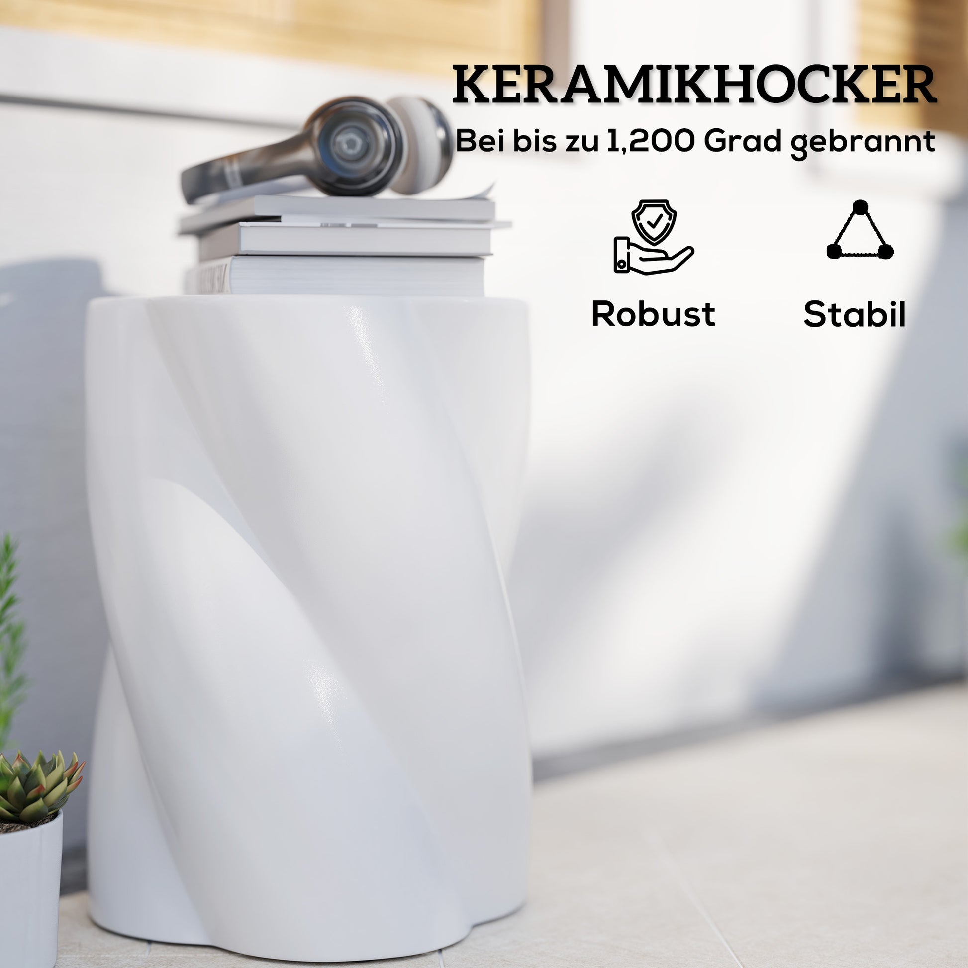 Ceramic Spiral Stool 120kg Load Capacity Ø33 x 45 cm Weatherproof Garden Stool with Lid Side Table Flower Stool Footstool for Indoor Outdoor Camping Garden Balcony White