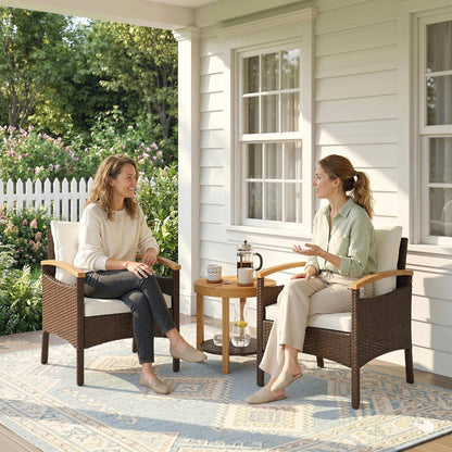 3-Piece Rattan Bistro Set – FSC Garden Furniture with 2 Armchairs, 2-Tier Acacia Wood Table, Thick Washable Cushions, Cream White