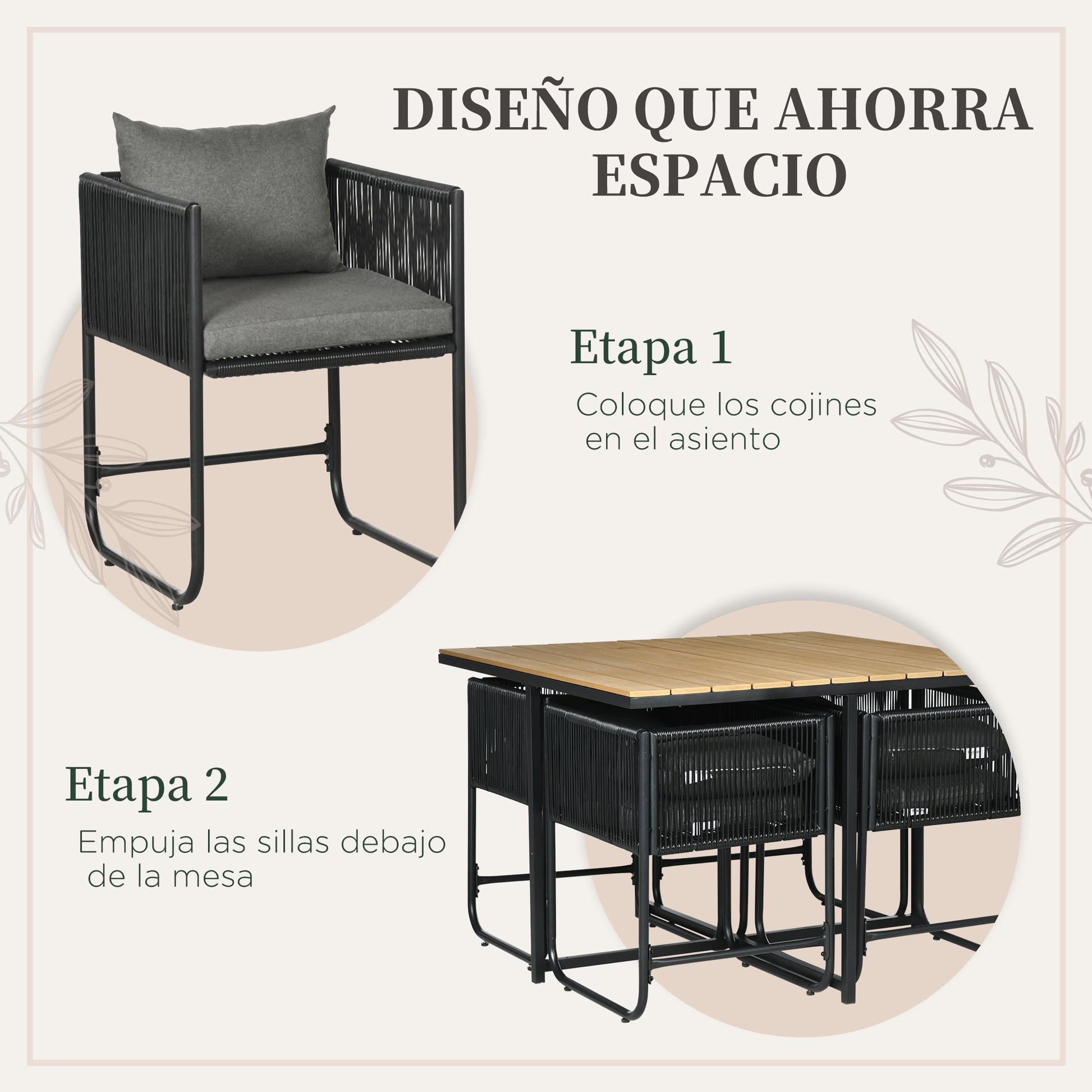5-Piece Synthetic Rattan Garden Furniture Set for Outdoor Garden with Square Table and 4 Chairs Cushions Black and Natural